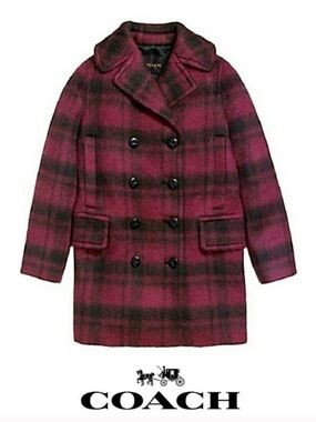NEW COACH PLAID PEA COAT IN CRANBERRY BLACK L